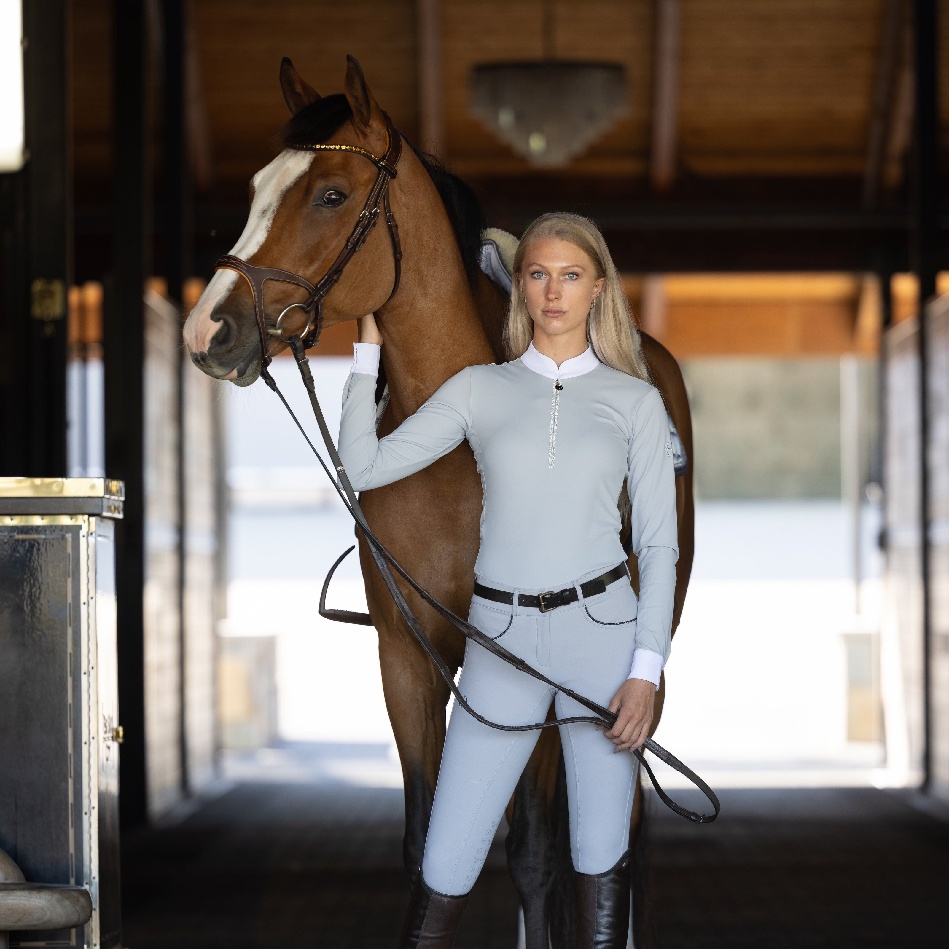Heidi - Long Sleeve Riding Top with Crystal Fabric Trim